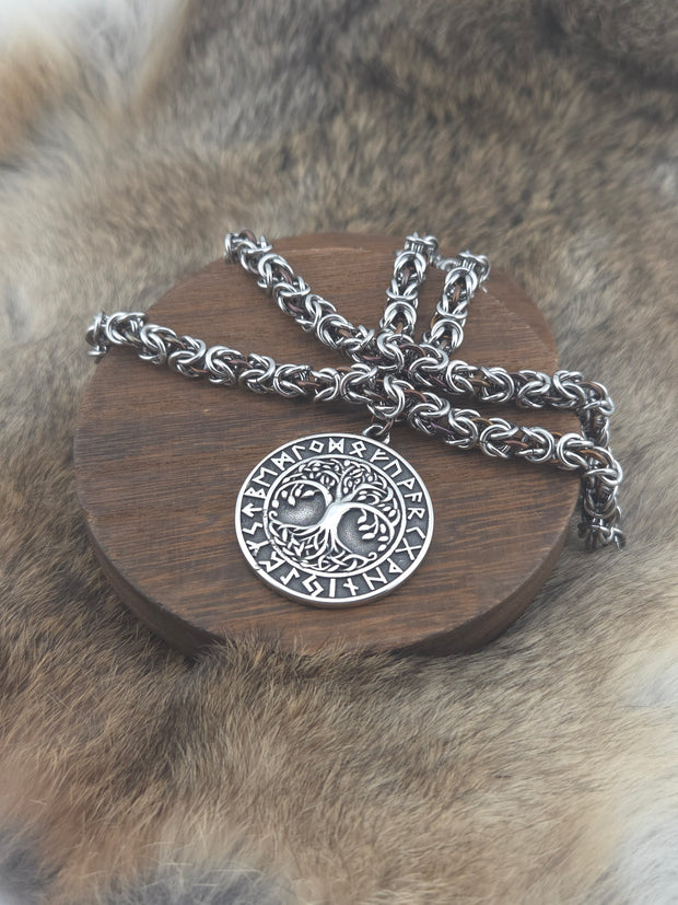 Tree of Life Pendant on a 22" Stainless Steel and Fudge Niobium Byzantine Chainmail Necklace