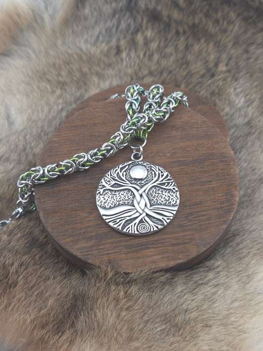 Gaia, Tree of Life on a 22" Stainless Steel and Sprout Niobium Byzantine Chainmail Necklace