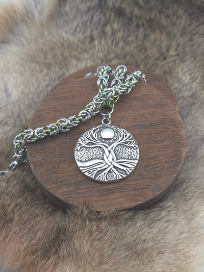 Gaia, Tree of Life on a 22" Stainless Steel and Sprout Niobium Byzantine Chainmail Necklace
