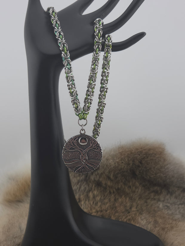 Gaia, Tree of Life on a 22" Stainless Steel and Sprout Niobium Byzantine Chainmail Necklace