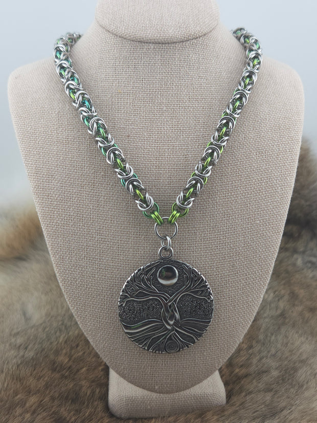 Gaia, Tree of Life on a 22" Stainless Steel and Sprout Niobium Byzantine Chainmail Necklace
