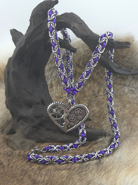 Steampunk Heart Pendant on a 22" Stainless Steel and Purple Anodized Aluminum Byzantine Chainmail Necklace
