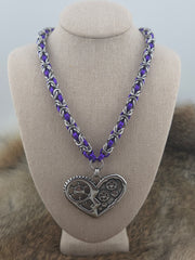 Steampunk Heart Pendant on a 22" Stainless Steel and Purple Anodized Aluminum Byzantine Chainmail Necklace