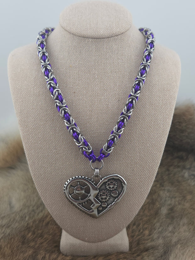Steampunk Heart Pendant on a 22" Stainless Steel and Purple Anodized Aluminum Byzantine Chainmail Necklace