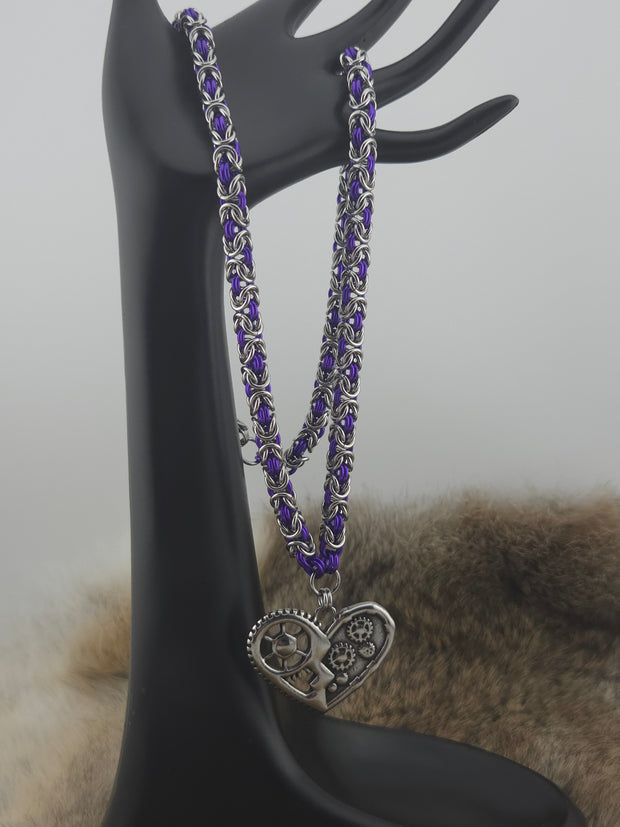 Steampunk Heart Pendant on a 22" Stainless Steel and Purple Anodized Aluminum Byzantine Chainmail Necklace