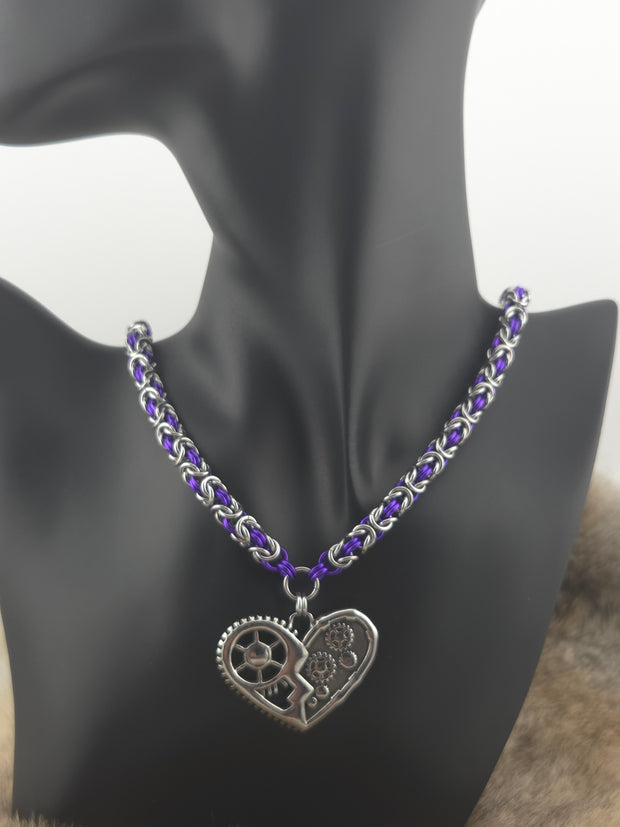 Steampunk Heart Pendant on a 22" Stainless Steel and Purple Anodized Aluminum Byzantine Chainmail Necklace