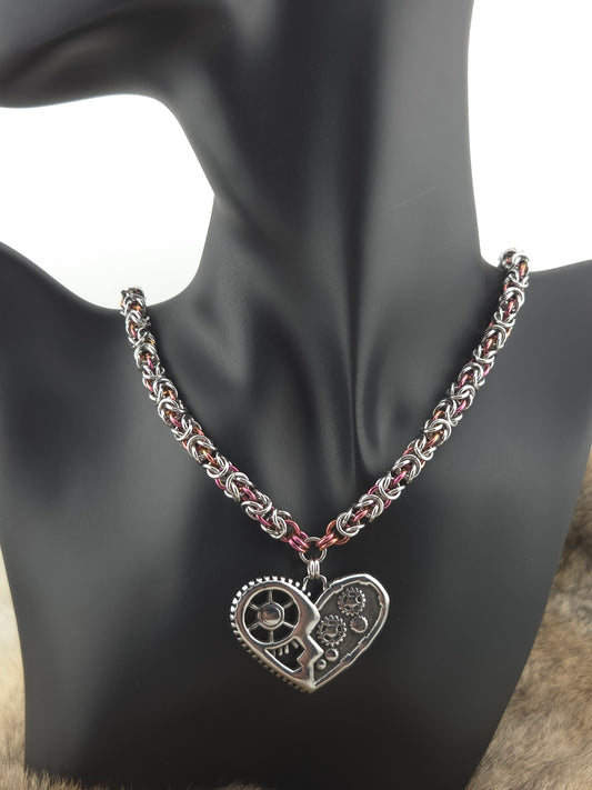 Steampunk Heart Pendant on a 22" Stainless Steel and Raspberry Bronze Shimmer Niobium Byzantine Chainmail Necklace
