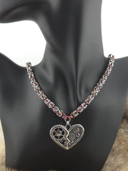 Steampunk Heart Pendant on a 22" Stainless Steel and Raspberry Bronze Shimmer Niobium Byzantine Chainmail Necklace