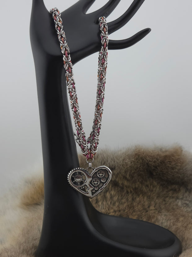 Steampunk Heart Pendant on a 22" Stainless Steel and Raspberry Bronze Shimmer Niobium Byzantine Chainmail Necklace