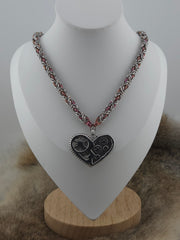 Steampunk Heart Pendant on a 22" Stainless Steel and Raspberry Bronze Shimmer Niobium Byzantine Chainmail Necklace