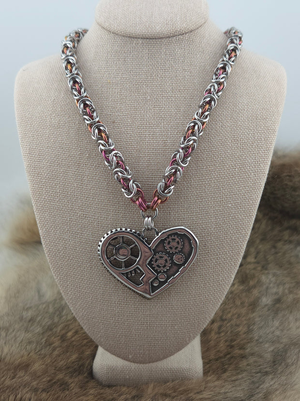 Steampunk Heart Pendant on a 22" Stainless Steel and Raspberry Bronze Shimmer Niobium Byzantine Chainmail Necklace
