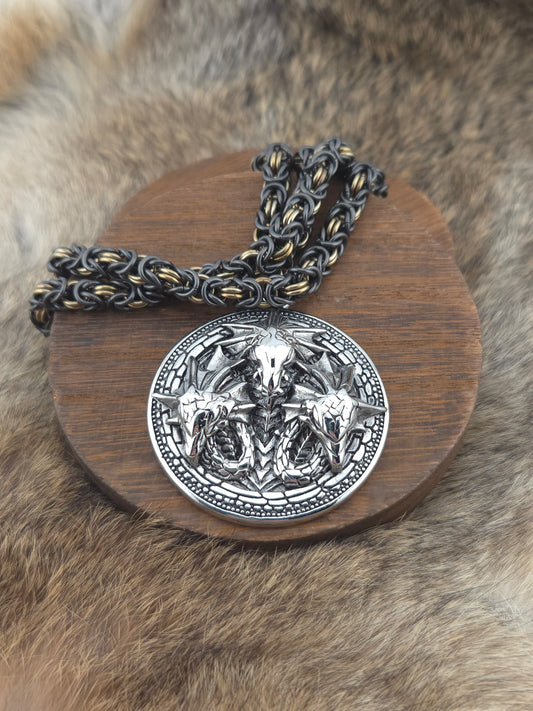 Triple Dragon Pendant on a 22" Black Glass Titanium and Bronze Titanium Byzantine Chainmail Necklace