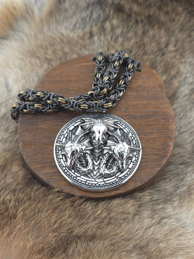 Triple Dragon Pendant on a 22" Black Glass Titanium and Bronze Titanium Byzantine Chainmail Necklace