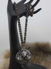 Triple Dragon Pendant on a 22" Black Glass Titanium and Bronze Titanium Byzantine Chainmail Necklace