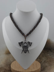 Battle Axes and Shield Pendant on a 22" Black Glass Titanium and Fudge Niobium Byzantine Chainmail Necklace