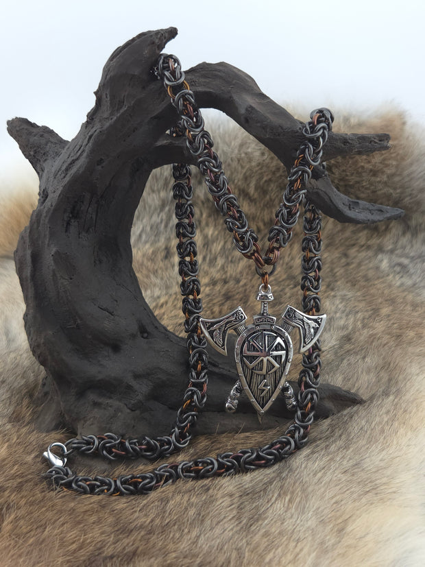 Battle Axes and Shield Pendant on a 22" Black Glass Titanium and Fudge Niobium Byzantine Chainmail Necklace