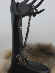Battle Axes and Shield Pendant on a 22" Black Glass Titanium and Fudge Niobium Byzantine Chainmail Necklace