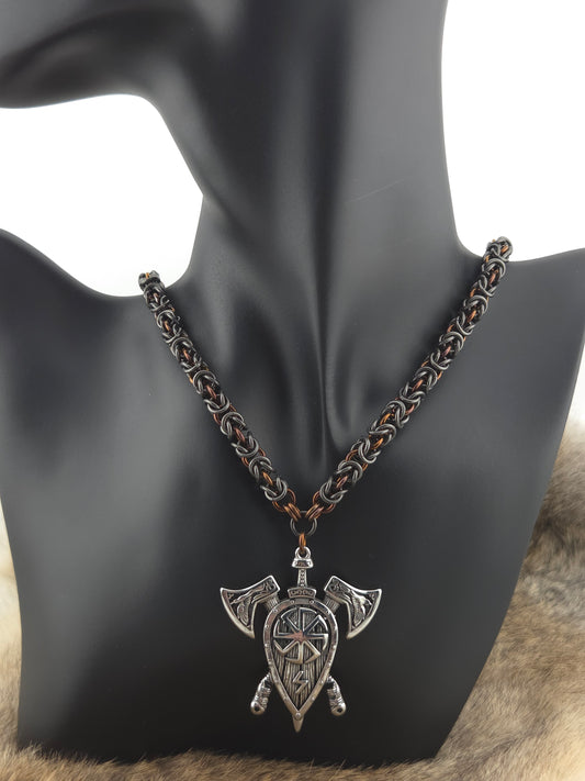 Battle Axes and Shield Pendant on a 22" Black Glass Titanium and Fudge Niobium Byzantine Chainmail Necklace