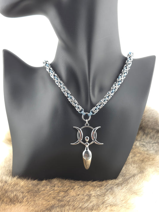 Triple Moon Goddess Pendant on a 22" Stainless Steel and Light Blue Titanium Byzantine Chainmail Necklace