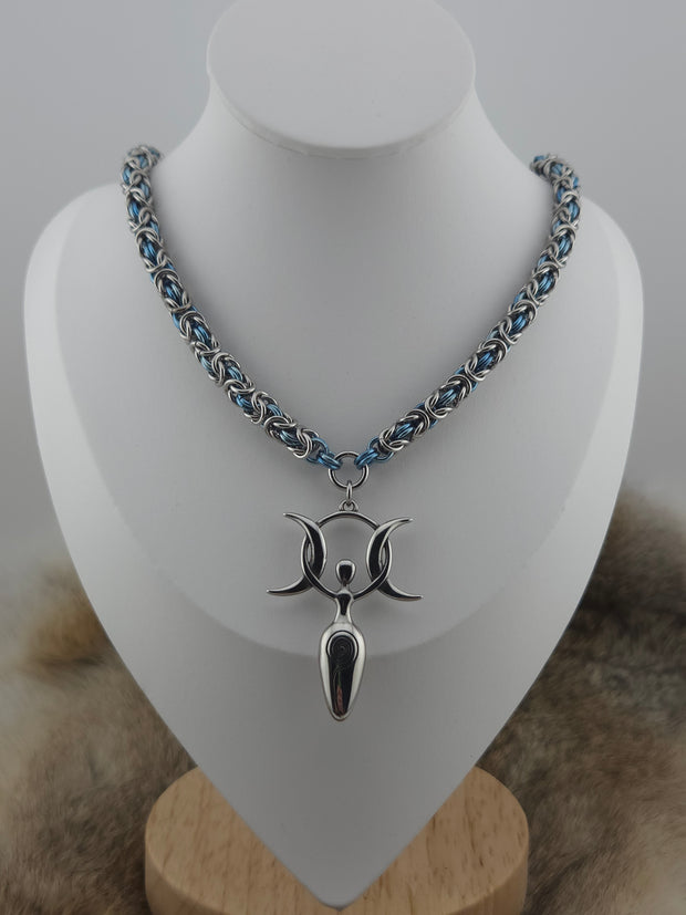 Triple Moon Goddess Pendant on a 22" Stainless Steel and Light Blue Titanium Byzantine Chainmail Necklace