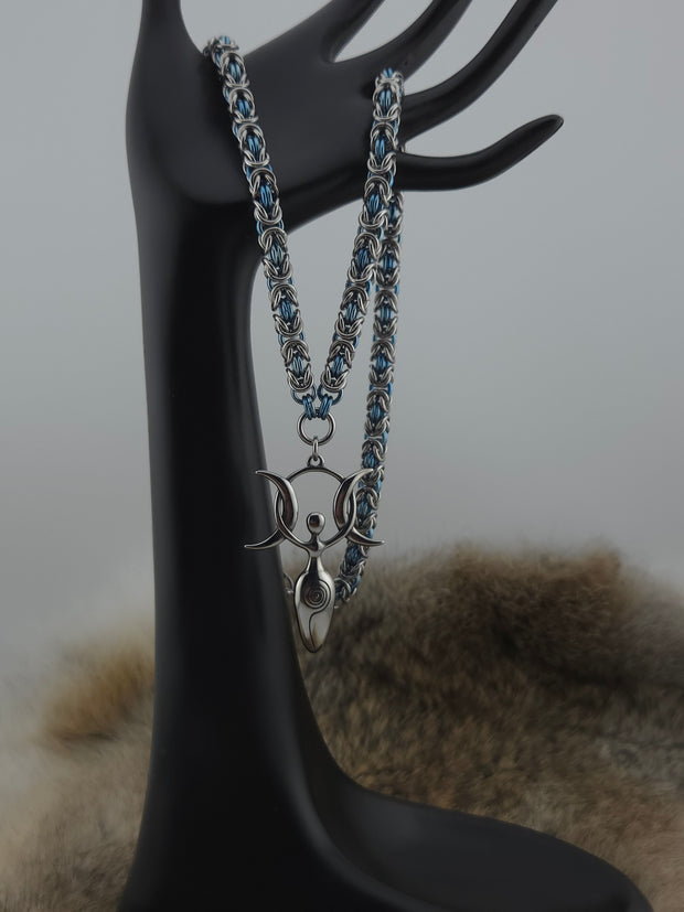 Triple Moon Goddess Pendant on a 22" Stainless Steel and Light Blue Titanium Byzantine Chainmail Necklace
