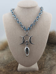 Triple Moon Goddess Pendant on a 22" Stainless Steel and Light Blue Titanium Byzantine Chainmail Necklace
