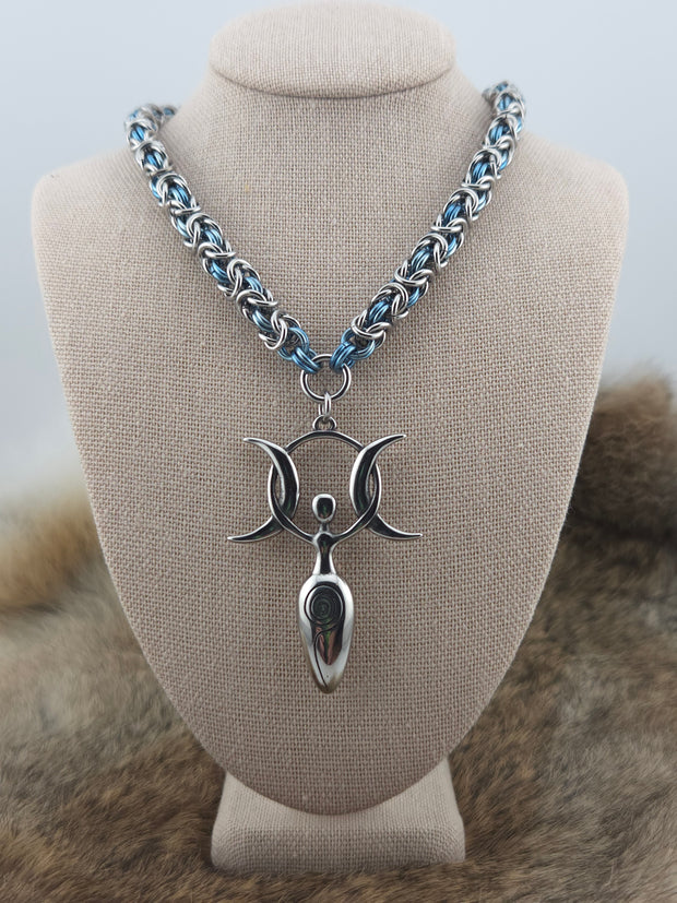 Triple Moon Goddess Pendant on a 22" Stainless Steel and Light Blue Titanium Byzantine Chainmail Necklace