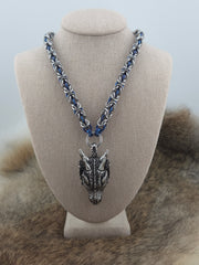 Dragon Head Pendant on a 22" Stainless Steel and Cornflower Blue Niobium Byzantine Chainmail Necklace