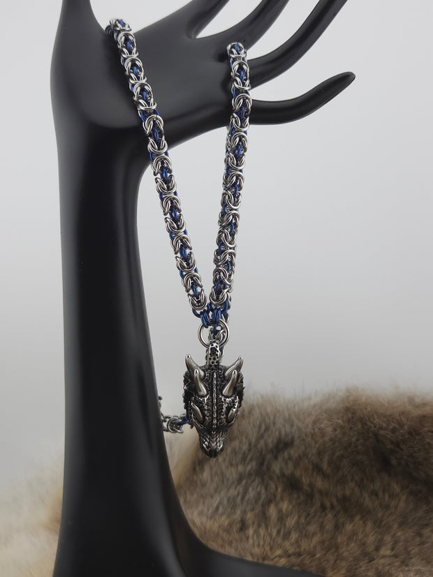 Dragon Head Pendant on a 22" Stainless Steel and Cornflower Blue Niobium Byzantine Chainmail Necklace