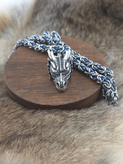 Dragon Head Pendant on a 22" Stainless Steel and Cornflower Blue Niobium Byzantine Chainmail Necklace