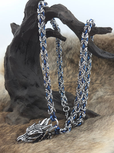 Dragon Head Pendant on a 22" Stainless Steel and Cornflower Blue Niobium Byzantine Chainmail Necklace