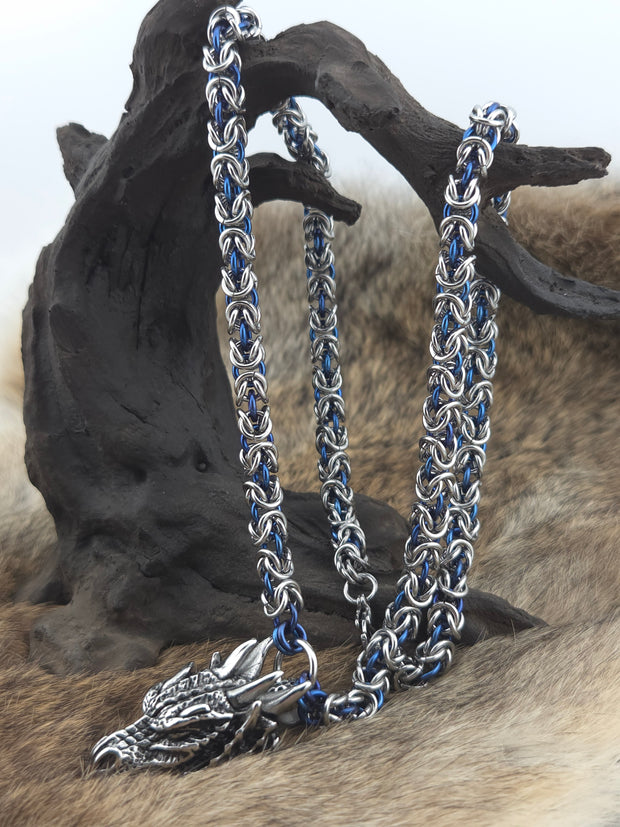 Dragon Head Pendant on a 22" Stainless Steel and Cornflower Blue Niobium Byzantine Chainmail Necklace