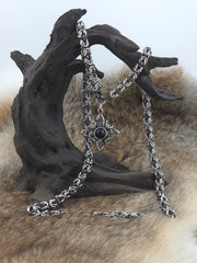 Witch's Knot Pendant on a 22" Stainless Steel and Black Glass Titanium Byzantine Chainmail Necklace