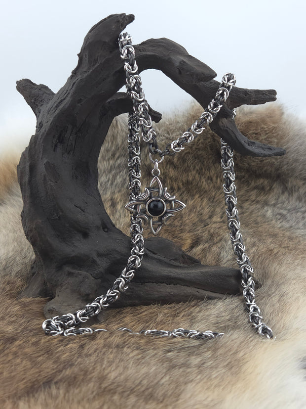 Witch's Knot Pendant on a 22" Stainless Steel and Black Glass Titanium Byzantine Chainmail Necklace