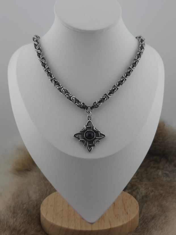 Witch's Knot Pendant on a 22" Stainless Steel and Black Glass Titanium Byzantine Chainmail Necklace