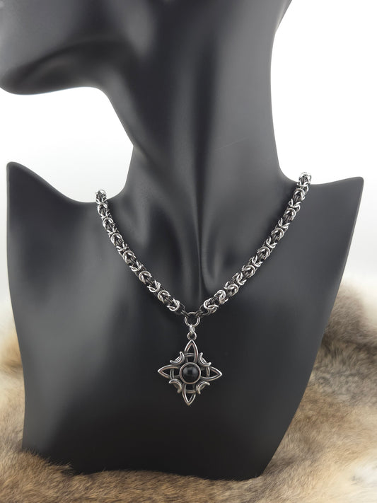 Witch's Knot Pendant on a 22" Stainless Steel and Black Glass Titanium Byzantine Chainmail Necklace