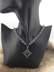 Witch's Knot Pendant on a 22" Stainless Steel and Black Glass Titanium Byzantine Chainmail Necklace