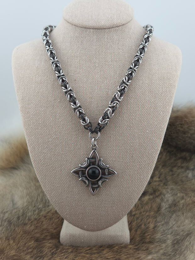 Witch's Knot Pendant on a 22" Stainless Steel and Black Glass Titanium Byzantine Chainmail Necklace