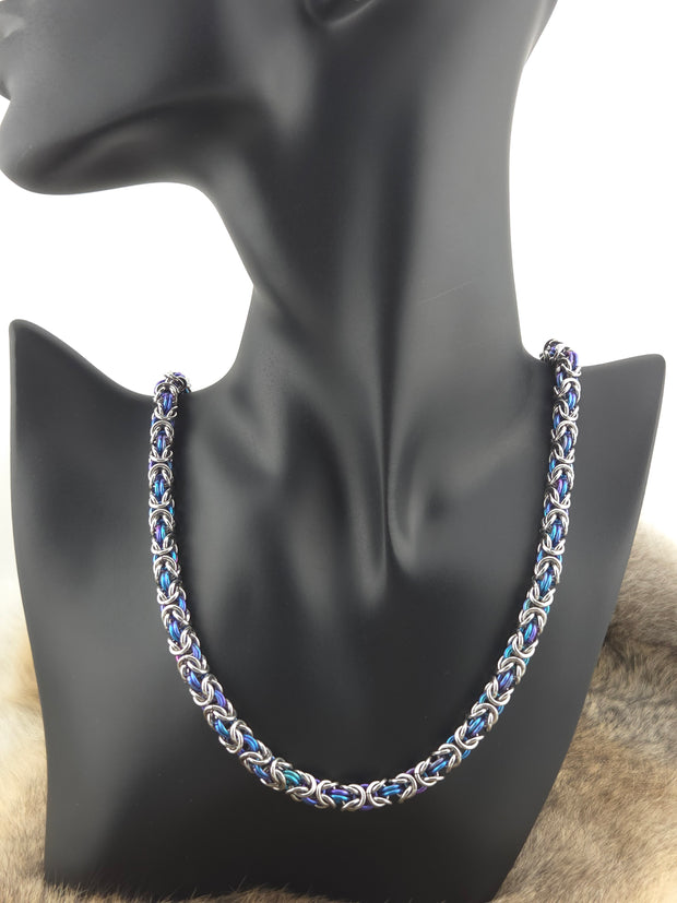 22" Stainless Steel and Peacock Titanium Byzantine Chainmail Necklace