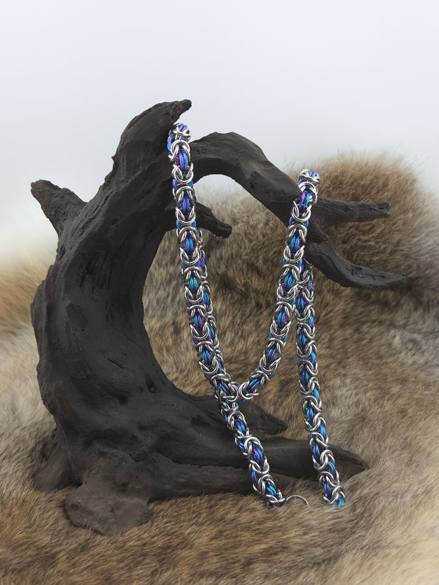 22" Stainless Steel and Peacock Titanium Byzantine Chainmail Necklace