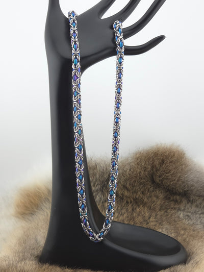 22" Stainless Steel and Peacock Titanium Byzantine Chainmail Necklace