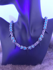 22" Stainless Steel Byzantine Chainmail Necklace with Captured Teal Glow Beads