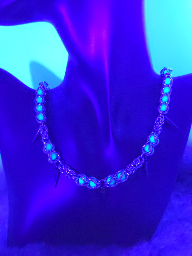22" Stainless Steel Byzantine Chainmail Necklace with Captured Teal Glow Beads