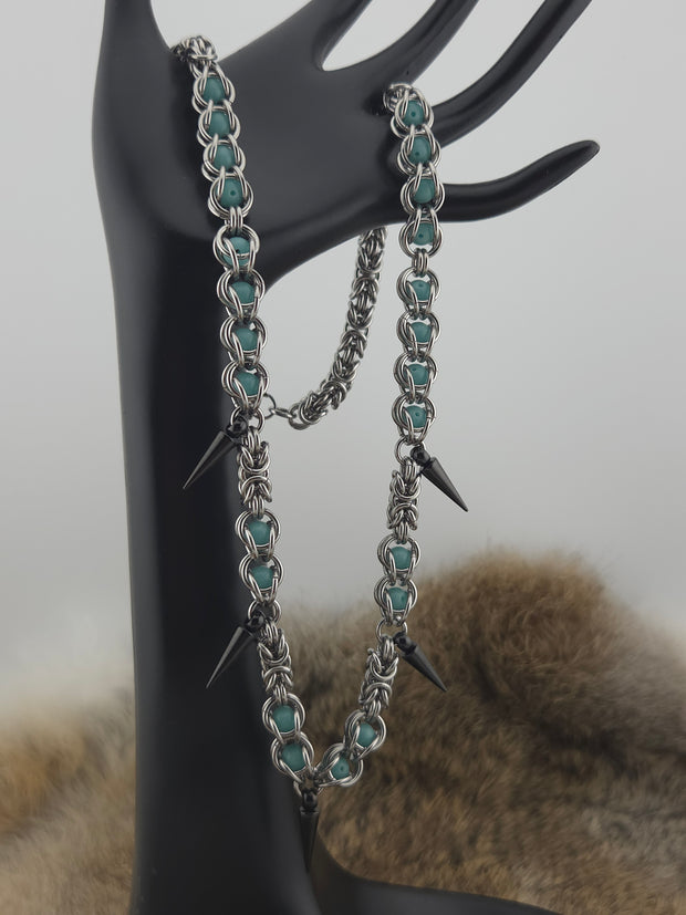 22" Stainless Steel Byzantine Chainmail Necklace with Captured Teal Glow Beads