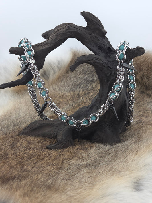 22" Stainless Steel Byzantine Chainmail Necklace with Captured Teal Glow Beads