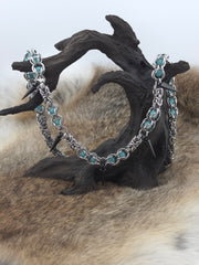 22" Stainless Steel Byzantine Chainmail Necklace with Captured Teal Glow Beads