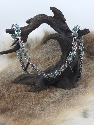 22" Stainless Steel Byzantine Chainmail Necklace with Captured Teal Glow Beads