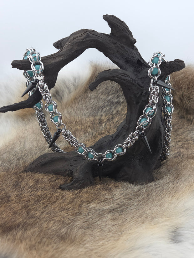 22" Stainless Steel Byzantine Chainmail Necklace with Captured Teal Glow Beads