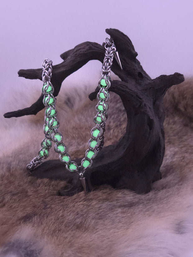 22" Stainless Steel Byzantine Chainmail Necklace with Captured Yellow/Green Glow Beads