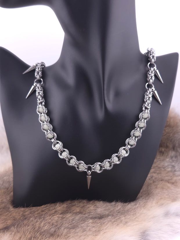 22" Stainless Steel Byzantine Chainmail Necklace with Captured Yellow/Green Glow Beads